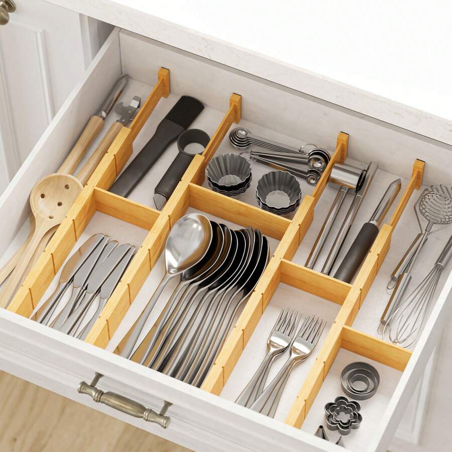 Home Office Organization - فواصل أدراج من الخيزران مع إدخالات